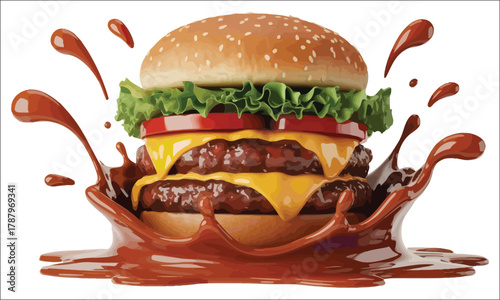 Double Cheeseburger with Lettuce Tomato and Sauce Splash on White Background double burger beef