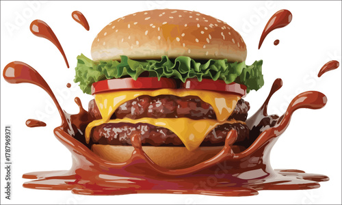 Double Cheeseburger with Lettuce Tomato and Sauce Splash on White Background double burger beef