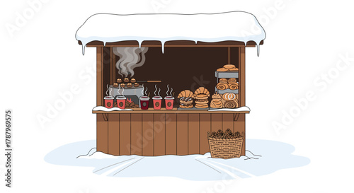Winter food stall selling hot drinks and snacks in the snow, Generative AI.