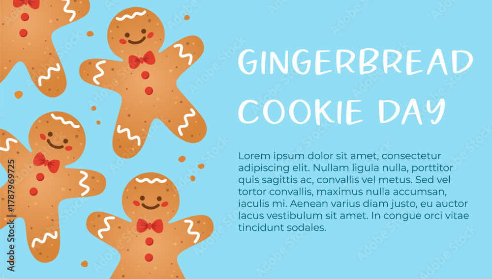 Fototapeta premium Gingerbread Cookie Day Banner. Gingerbread man on blue background with basic text. Food or winter holidays theme for web banner or leaflet. Vector illustration.
