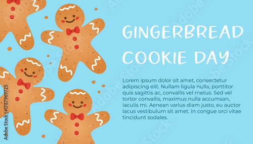 Gingerbread Cookie Day Banner. Gingerbread man on blue background with basic text. Food or winter holidays theme for web banner or leaflet. Vector illustration.