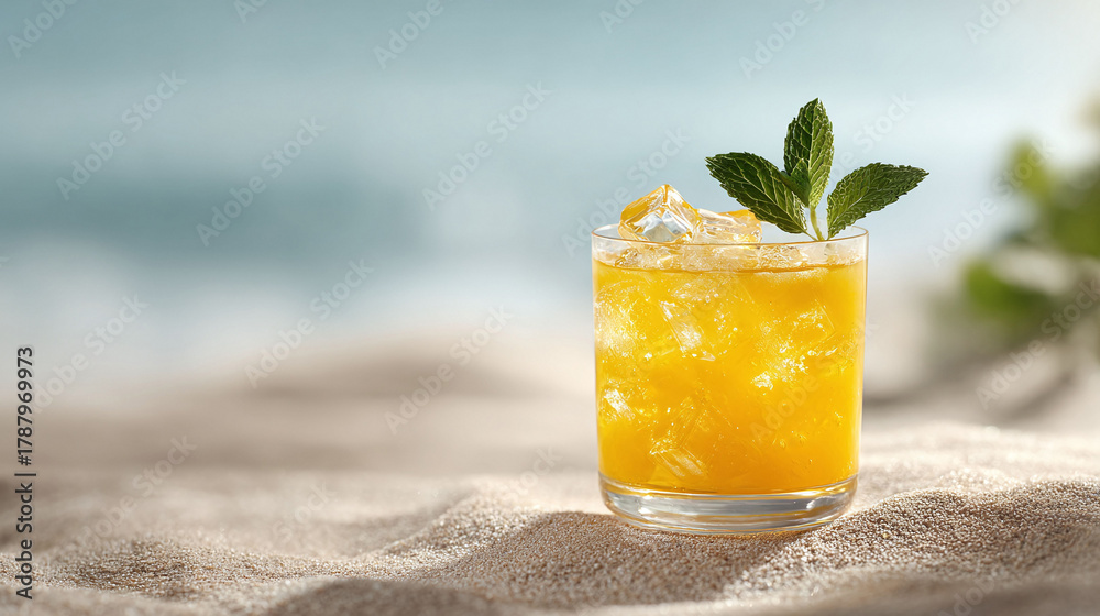 Obraz premium Refreshing iced drink on a sandy beach, symbolizing relaxation and summer vibes. Ideal for travel, vacation, or refreshment themes, evokes serenity and escape.