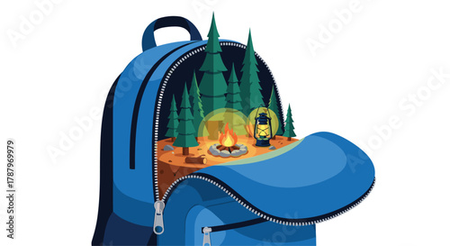 Backpack opens to reveal a miniature forest campsite with a campfire and lantern, Generative AI.