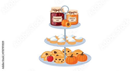 Autumn Harvest Treats Tiered Stand with Jams and Pastries, Generative AI.