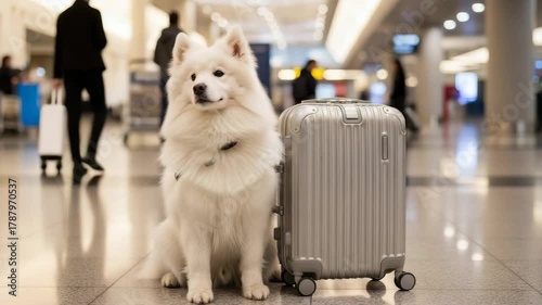 White fluffy dog sitting next to silver suitcase in airport terminal, travel with pets concept