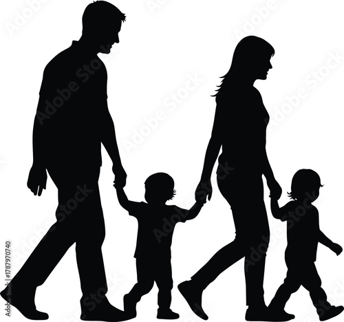 Black silhouette of family walking holding hands parents with two small children vector graphic