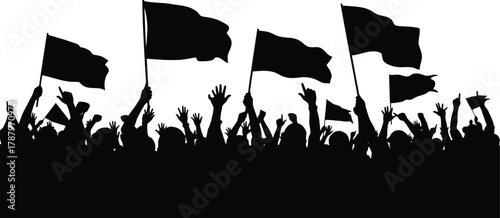 Black silhouette of cheering crowd raising hands and holding flags Vector illustration for protest rally or political demonstration