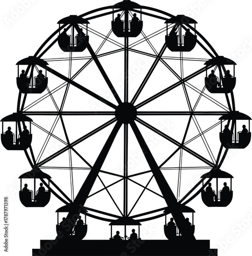 Ferris wheel ride silhouette vector illustration with people inside the cabins amusement park carnival attraction icon