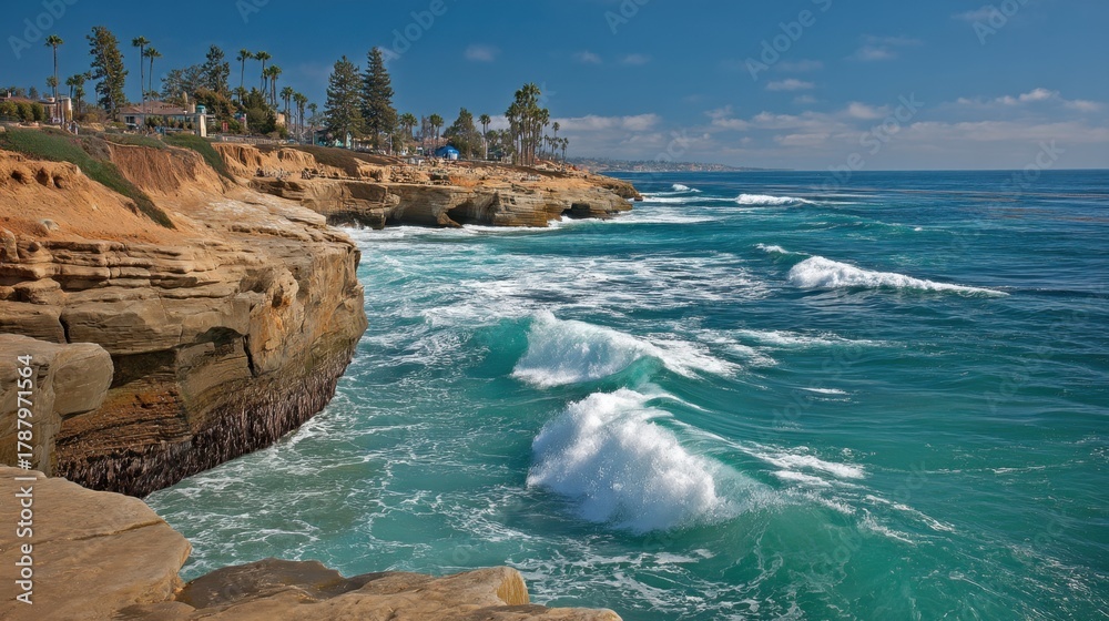 Obraz premium Serene Coastal Landscape with Gentle Waves Crashing Against Rocky Cliffs Under a Clear Blue Sky in La Jolla, California