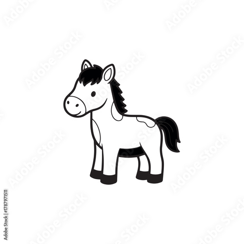 A simple black and white cartoon illustration of a cute little spotted horse. This adorable pony or foal is standing on an isolated white background