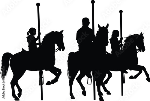 Black Silhouette of People Riding Classic Merry Go Round Horses Vector