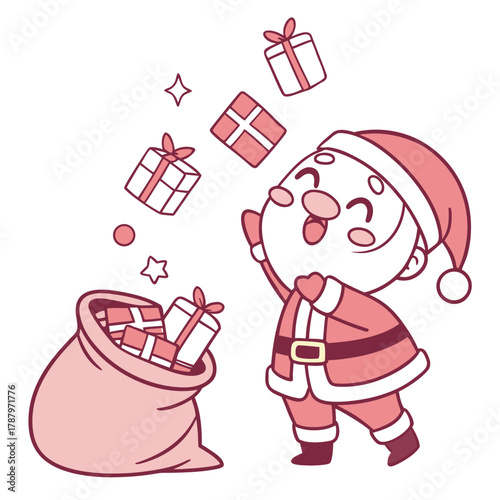 Santa's Gift Extravaganza: A jovial figure, dressed in traditional attire, orchestrates a magical flurry of gift-giving, with presents bursting forth from a sack, heralding the spirit of Christmas.