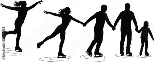 Ice Skating Silhouettes Collection Family and Figure Skaters Vector Graphic