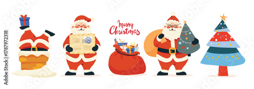 Santa Claus set of vintage Christmas illustrations with a decorated Christmas tree, chimney, and sack of gifts. Flat vector clip art on an isolated background.
