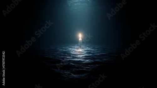 Single candle floating on dark ocean water illuminated by soft blue light symbolizing hope solitude and resilience