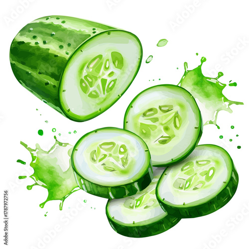 Beautiful Watercolor design, simple flat sliced cucumber paintings isolated on a white background, illustration, AI painting design, vector set, eps format 2d design