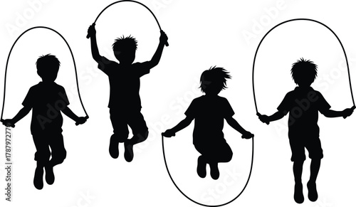 Skipping rope boys silhouettes collection set of four figures jumping playing exercise game