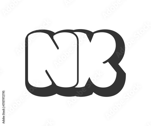 NX logo, bubble comic lettering, rounded in graffiti style black and white silhouette. Trendy preschool N and X letter text for festival party, personal initials, children funky print and web.