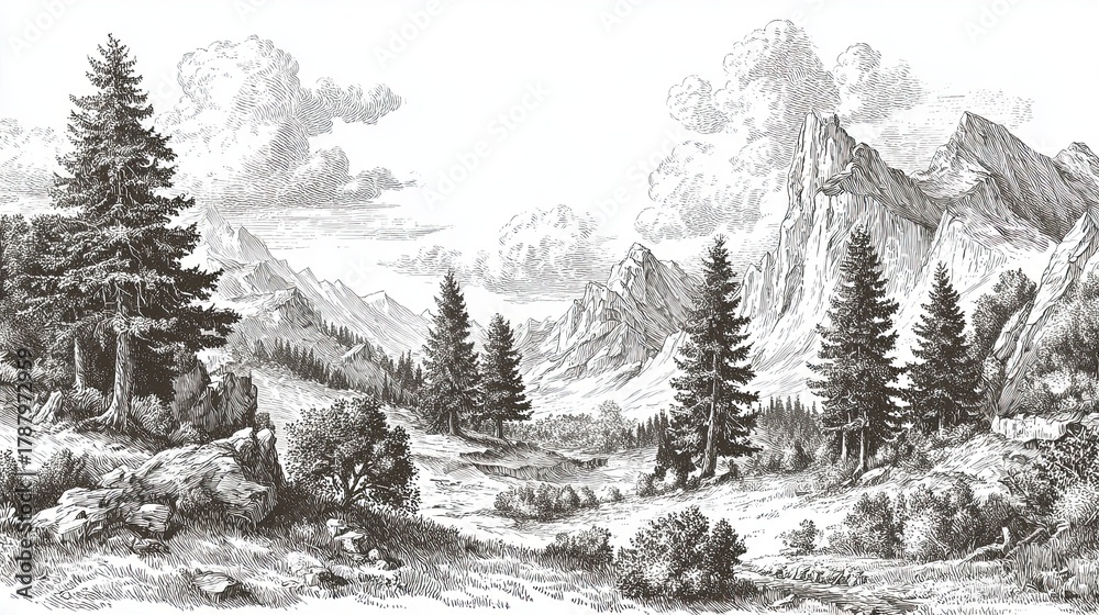 Fototapeta premium Majestic alpine mountains and forest landscape engraving sketch with trees rocks and clouds in vintage style