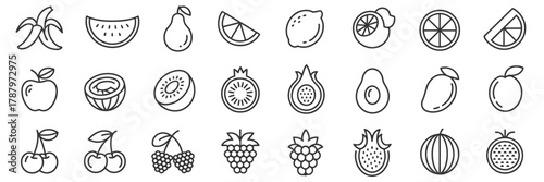 Healthy fruit and berry outline icons, fresh produce vector set