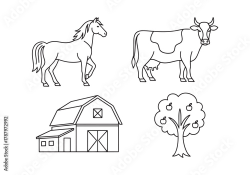 Farm animals and buildings including a horse, cow, barn, and fruit tree in a simple line drawing