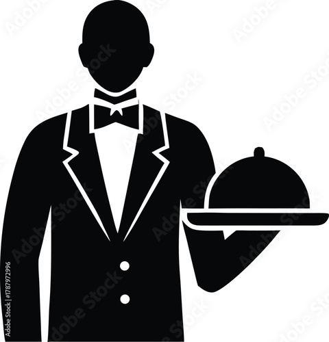 Waiter or butler holding serving tray vector icon