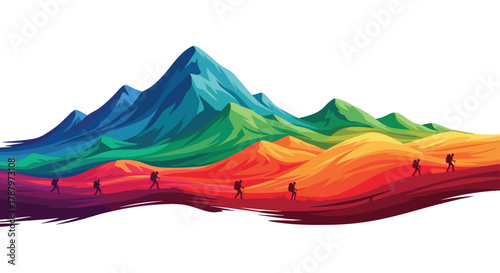 Vibrant Rainbow Mountain Landscape with Hikers, Generative AI.