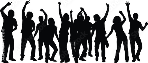 Group of young people dancing silhouette vector Happy crowd cheering with raised hands at a party, club, or music concert event