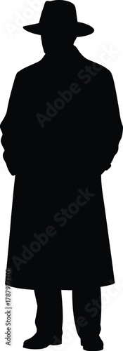 Black Silhouette of a Man in a Trench Coat and Fedora Hat Standing Classic Mystery Figure Vector Graphic