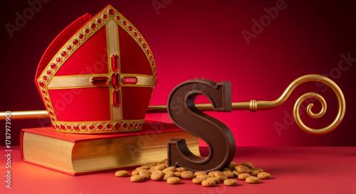 Red sinterklaas hat Mitre, decorative staff, large chocolate letter S, surrounded by traditional spiced cookies, festive attire and dutch holiday spirit. traditional Saint Nicolas day five december