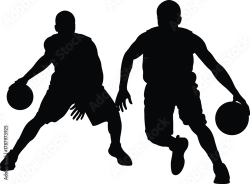 Basketball Players Silhouette Vector Illustration Dribbling Action Graphic Resource