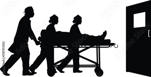 Medical staff silhouette pushing patient on gurney into operating room Urgent hospital transport vector illustration