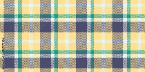 Rough fabric check pattern, genuine plaid texture seamless. Copy space vector textile background tartan in amber and blue colors.