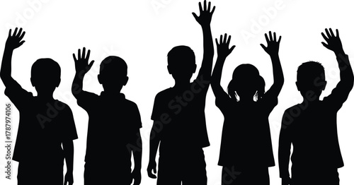 Group of five children raising hands silhouette vector illustration for participation and excitement concept
