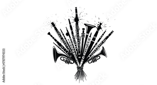 A Bouquet of Musical Instruments in Black and White, Generative AI.