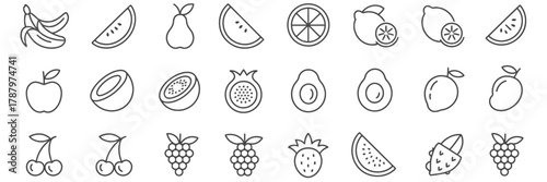 Various fresh fruit outline icons set for healthy eating and life