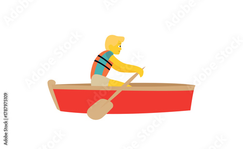 man boat rowboat boating rowing kayaking, canoeing, paddling men male person emoji symbol sign icon vector illustration isolated flat water lake sea ocean 