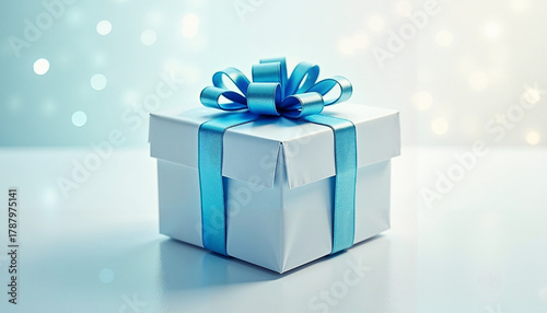 Light blue gift box with satin blue bow on smooth surface, elegant and festive presentation