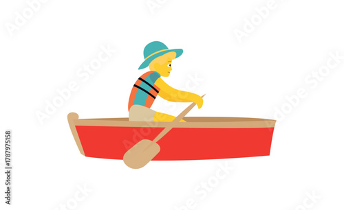 man boat rowboat boating rowing kayaking, canoeing, paddling men male person emoji symbol sign icon vector illustration isolated flat water lake sea ocean 
