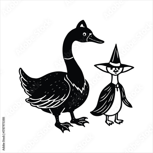 Goose wearing a tattered witch hat with a black