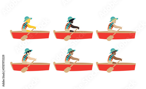 man boat rowboat boating rowing kayaking, canoeing, paddling men male person emoji symbol sign icon vector illustration isolated flat water lake sea ocean 