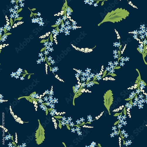 Vintage Blue Forget-Me-Nots Wreath Seamless Pattern