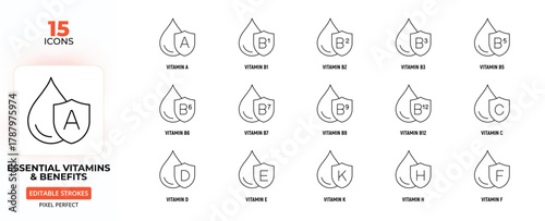 Essential Vitamins & Benefits Line Icon Set – Nutrition, Health, Wellness, Immunity, Editable Stroke.