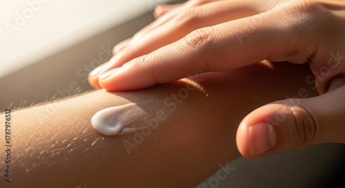 A person's hand gently applies a dollop of white cream onto their forearm, highlighting skin care and moisturizing.