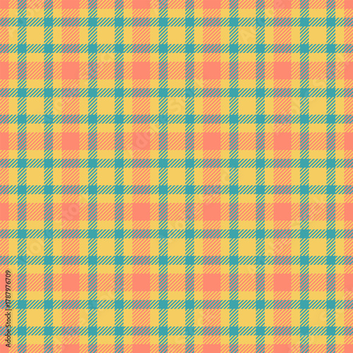 Vibrant, seamless tartan pattern in yellow, teal, and coral. Classic plaid design ideal for backgrounds, textiles, and web design. Versatile, warm, and eyecatching
