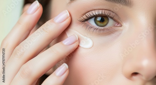 Close-up of a woman's hand applying eye cream to her delicate skin.
