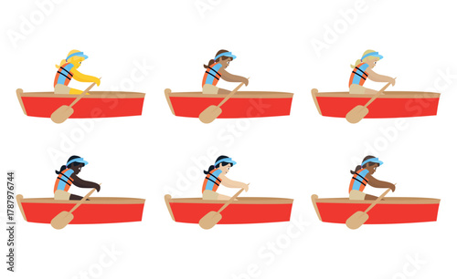 woman boating boat canoe kayak rowboat rowing water sports lake sea ocean safety vest emoji symbol sign icon vector illustration isolated flat kayaking canoeing 