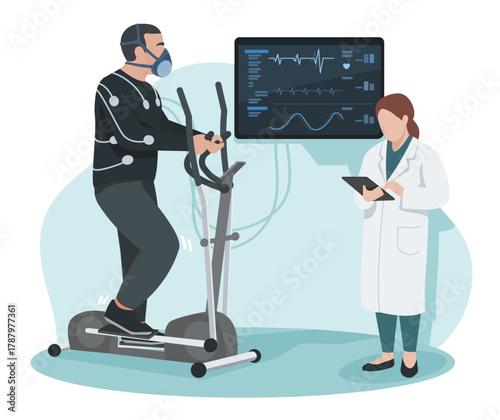 Sports scientist monitoring athlete performance during cardio exercise test with medical sensors and real time data analysis on screen in modern laboratory