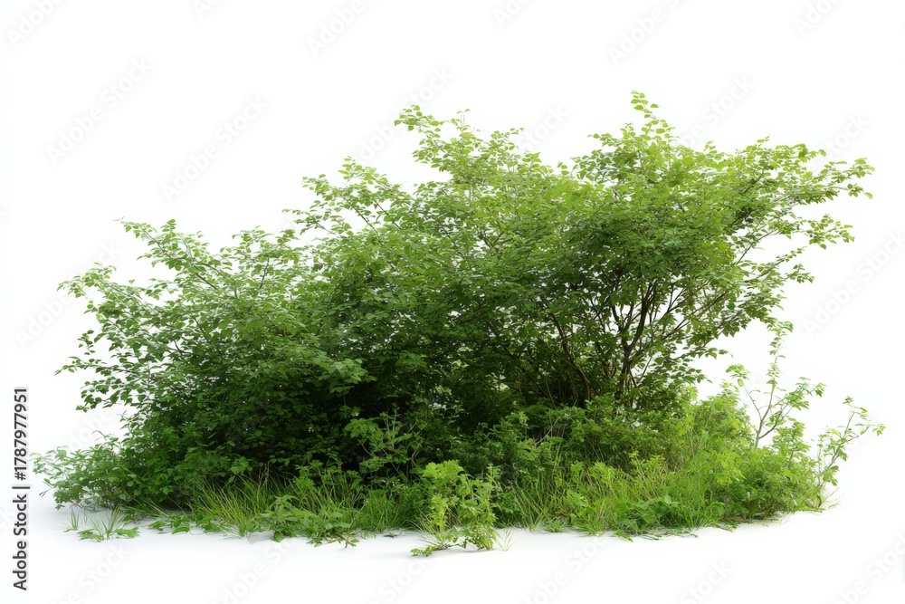 Fototapeta premium Lush Green Shrubbery on Isolated White Background, Ideal for Landscaping Design and Architectural Visualization