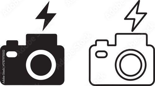 Two camera icons with flash outline and solid design vector image